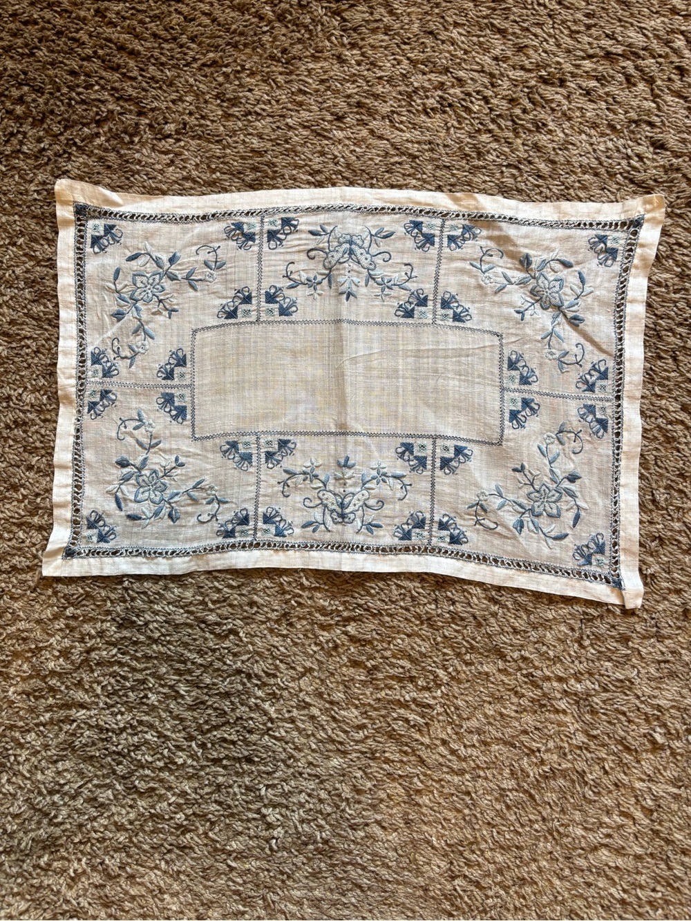 Embroidered Blue Floral Linen Placemat